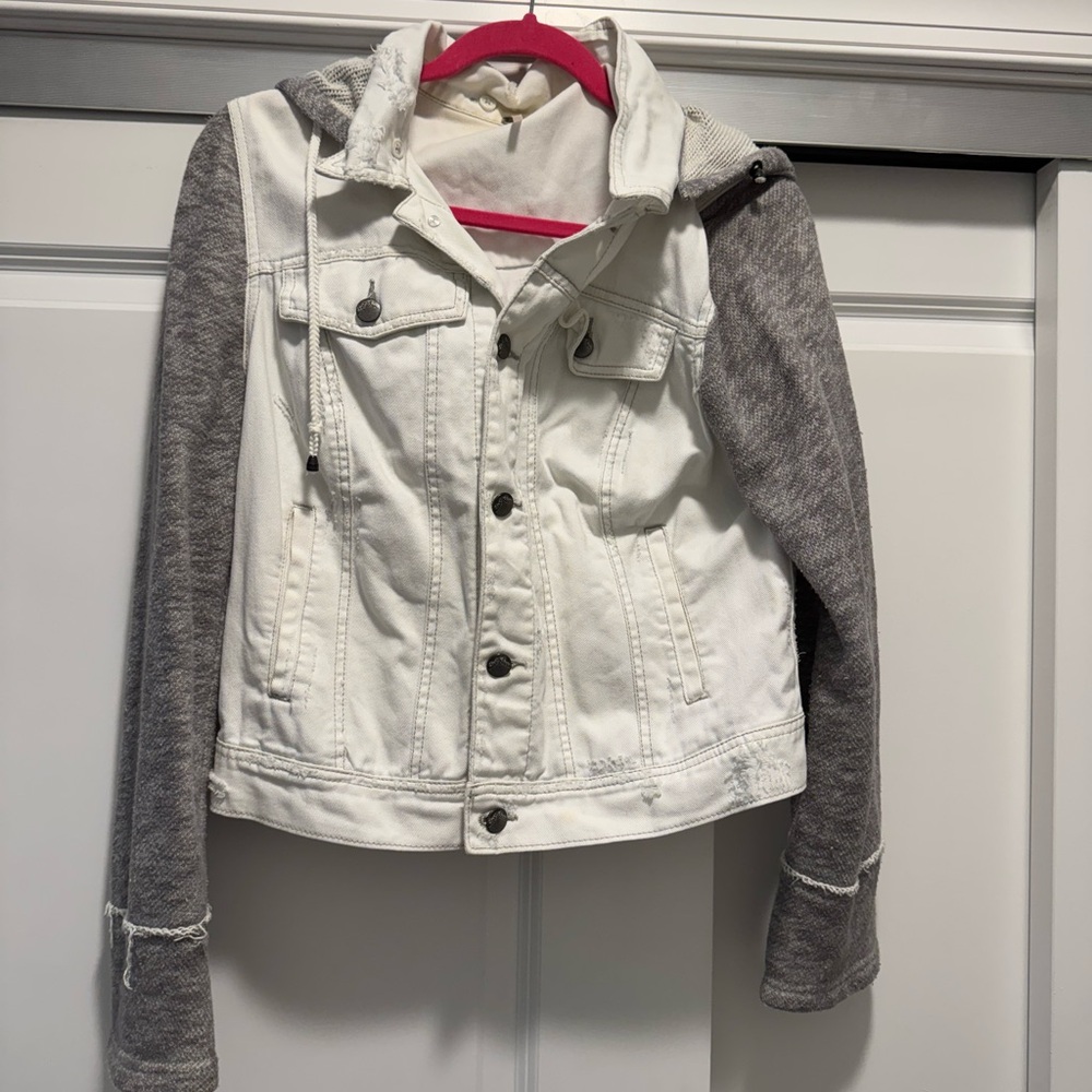 Free People White Denim Jacket Gray Hood